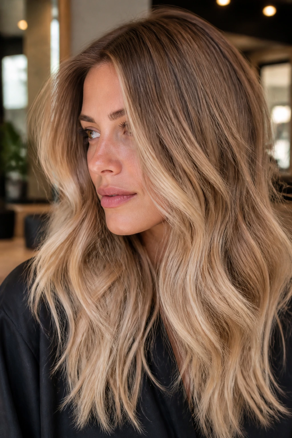 Close-up of a real woman showing sandy brown to beachwood blonde hair melt with matte texture in natural window light