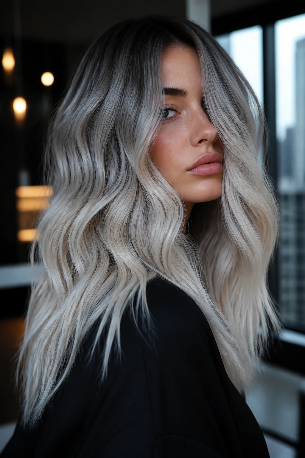 Close-up of slate gray to icy pearl blonde color melt on thick hair