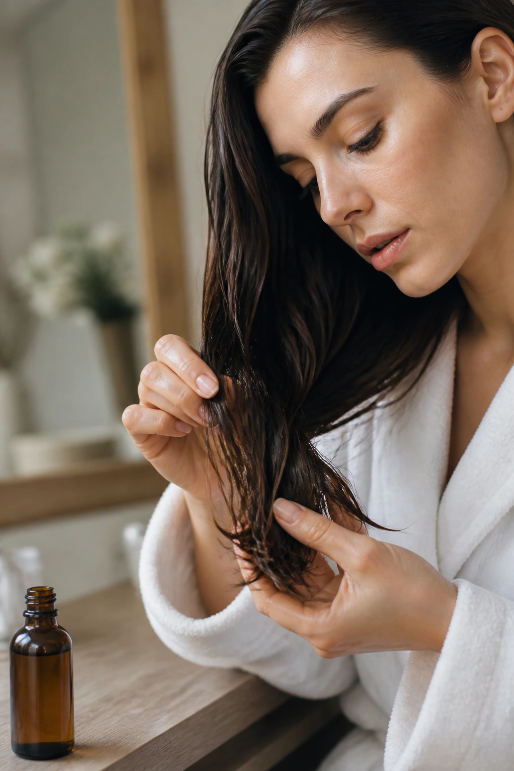 Close-up of hair ends being oiled on a real person