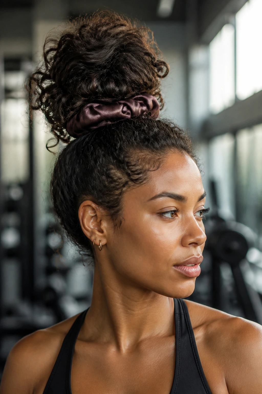 Close-up of a real woman with a high pineapple bun secured with a silk scrunchie in a gym setting