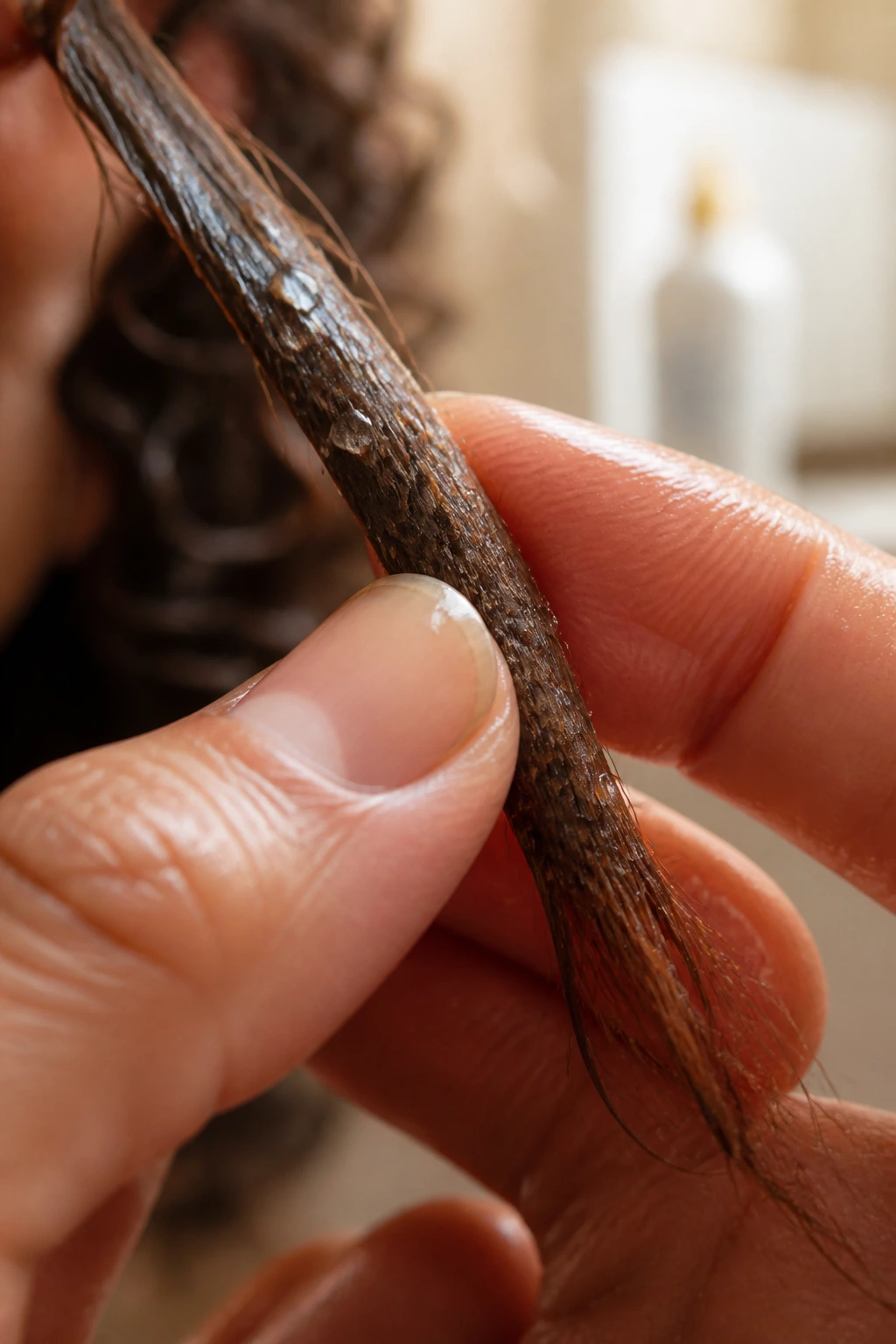Macro close-up of a hair strand showing cuticle layers and moisture