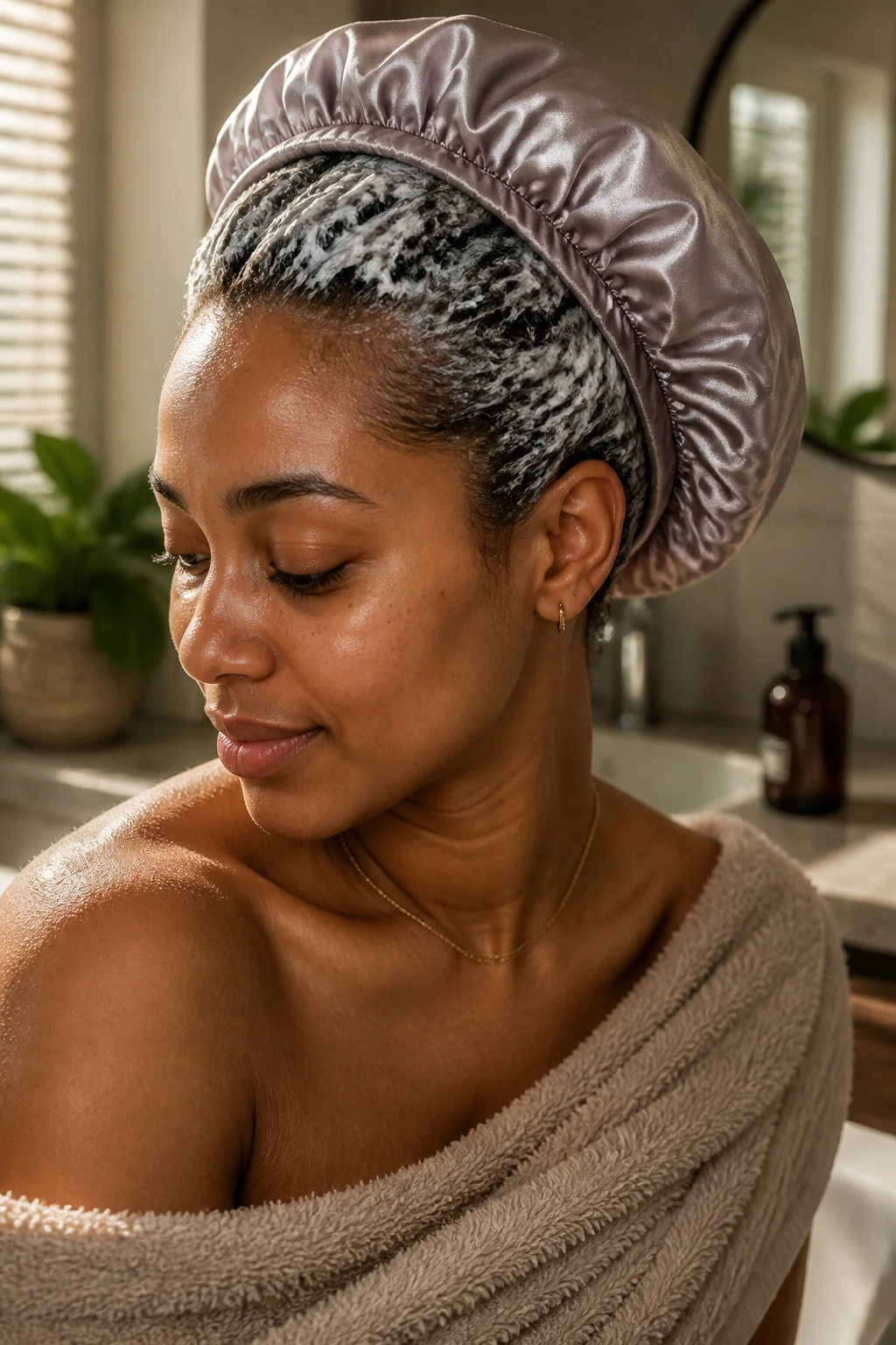 Close-up of a real person with conditioner on curly hair wearing a satin bonnet in a warm bathroom