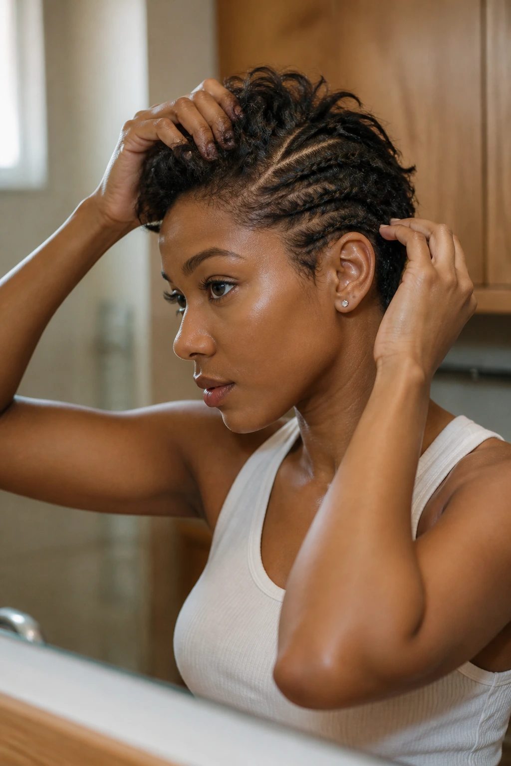 Hands styling short hair with no visible product bottles to illustrate prep.