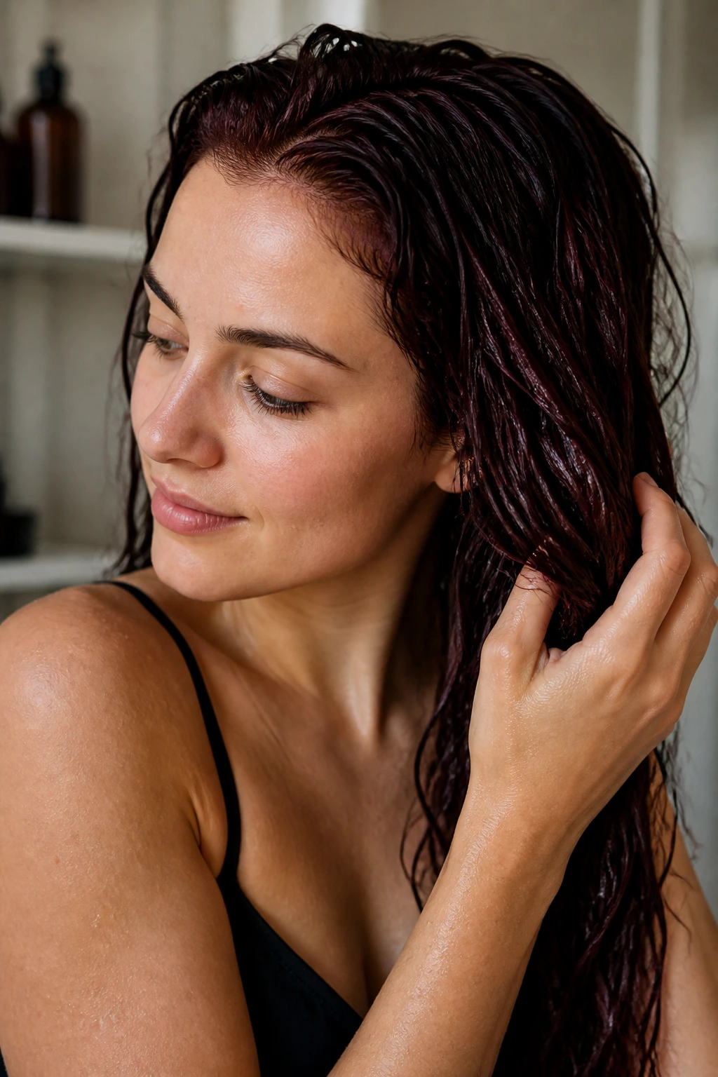 Close-up of a real person with healthy, damp hair in a softly lit bathroom