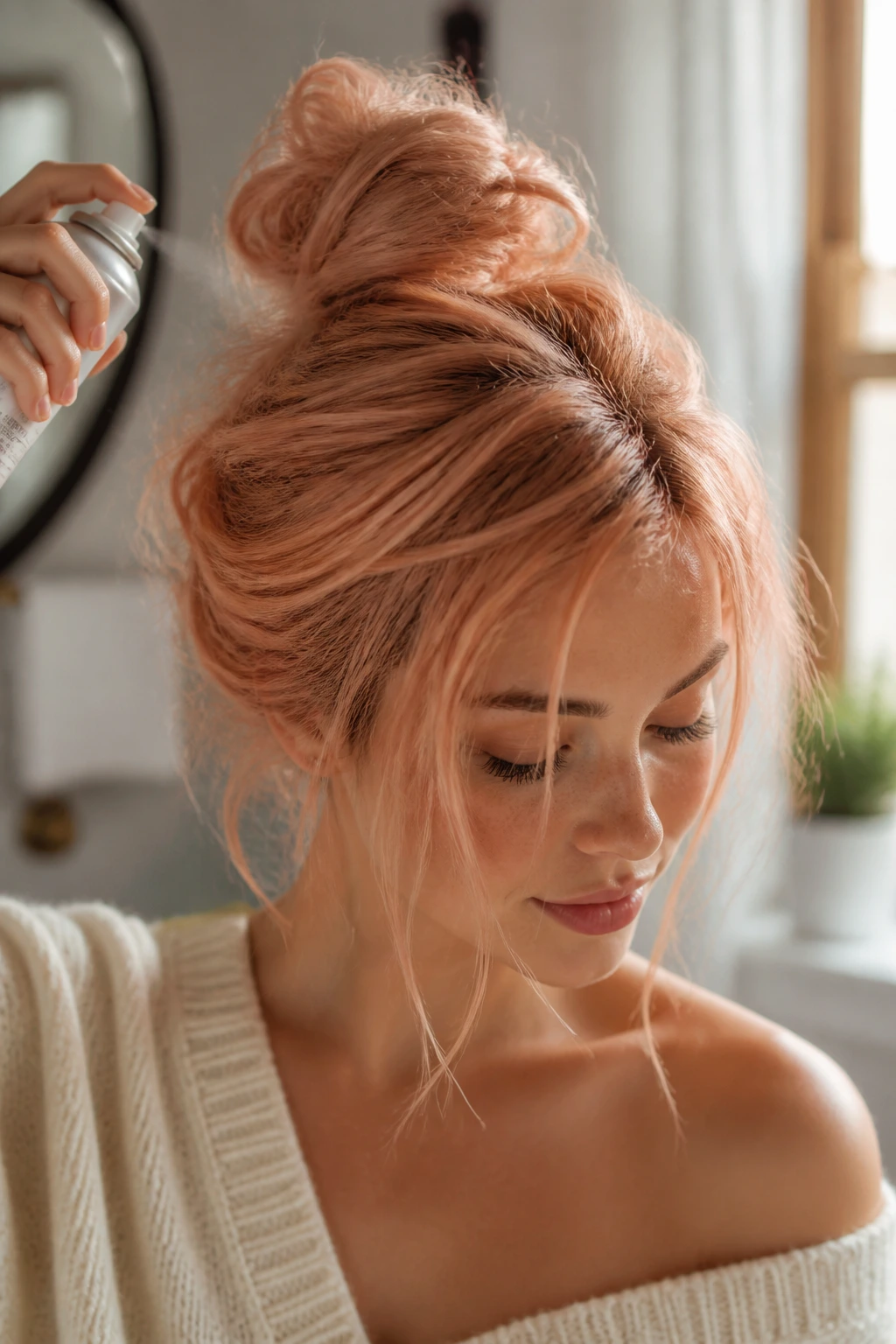 Real person with peach nude hair using lightweight texturizing spray.