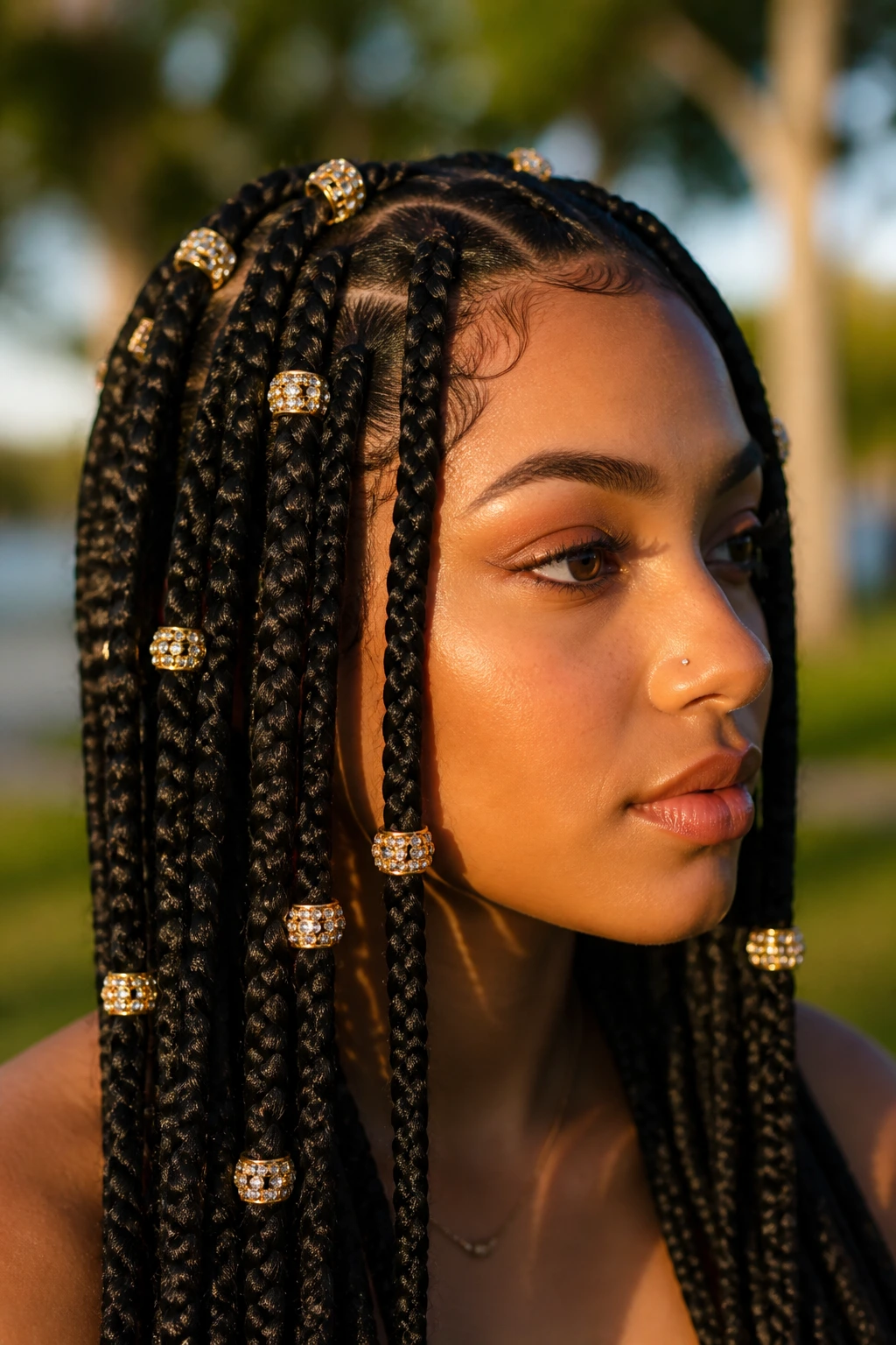 Close-up of a real woman with crystal rings on box braids in outdoor light