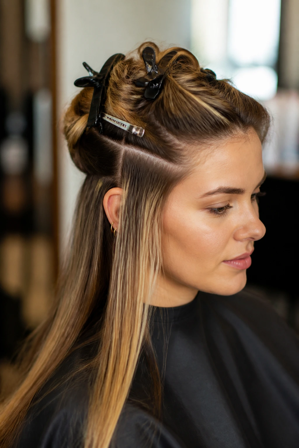 Real woman with neatly sectioned hair secured by clips in a salon