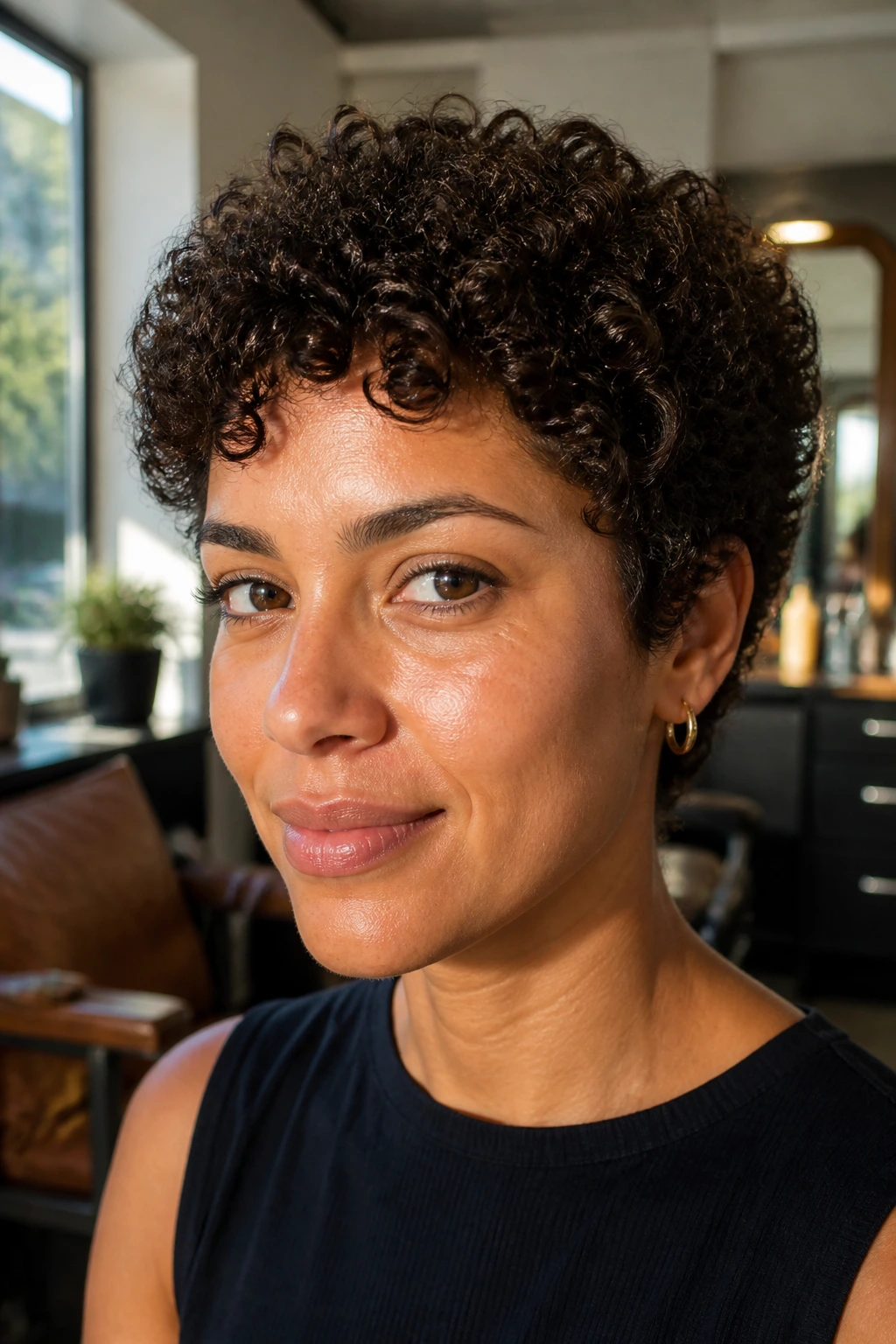 Close-up of a real woman's short curls showing shrinkage in a salon setting