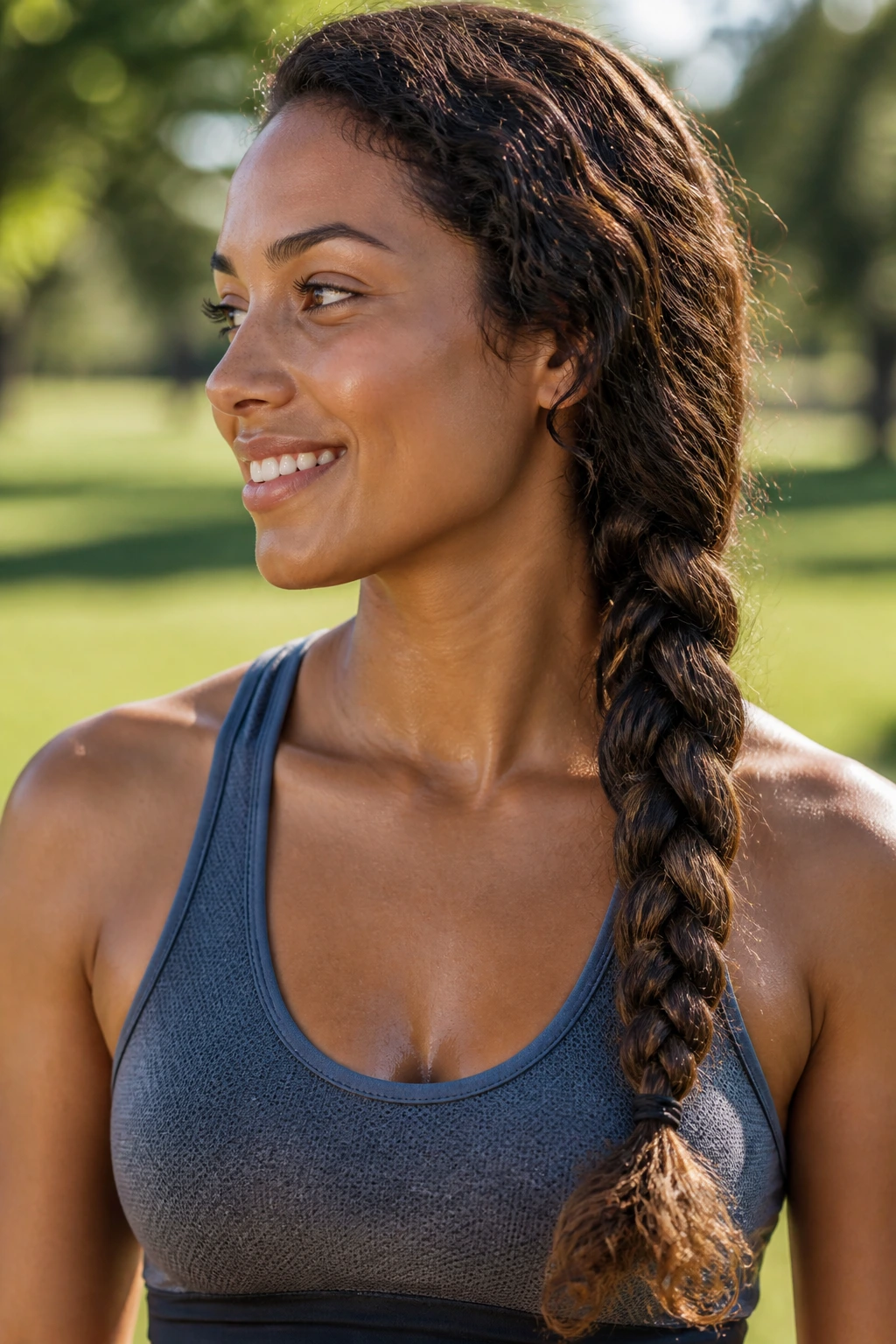 Close-up of a real woman with a low-slung side braid