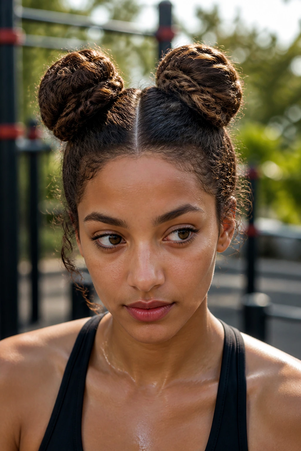 Portrait of a real woman with double twist space buns in workout setting
