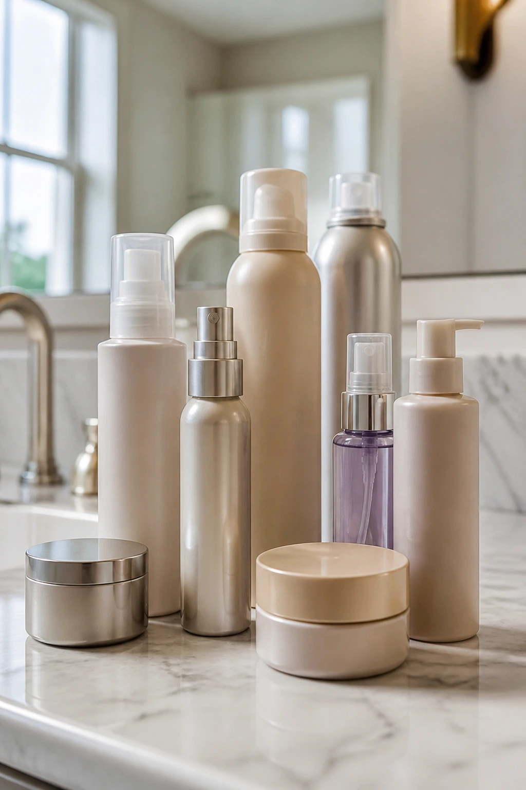 Close-up of unlabelled hair product bottles on a vanity for short straight hair.