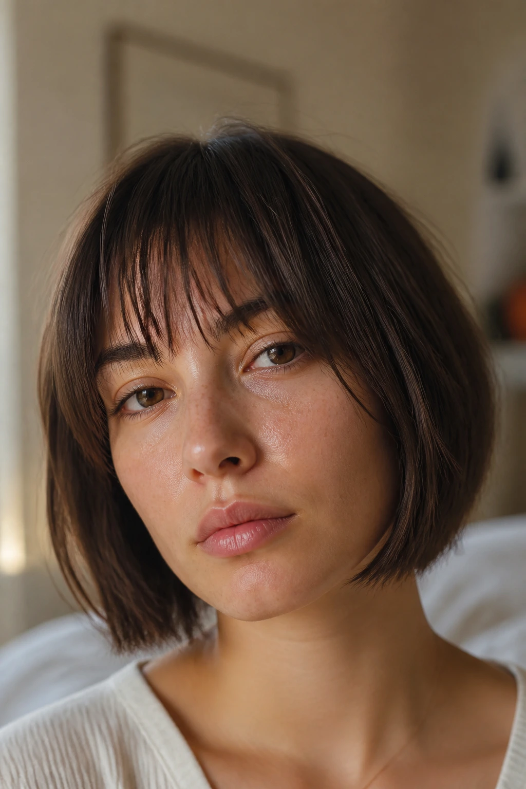 Close-up of straight hair texture with choppy bangs on a real person