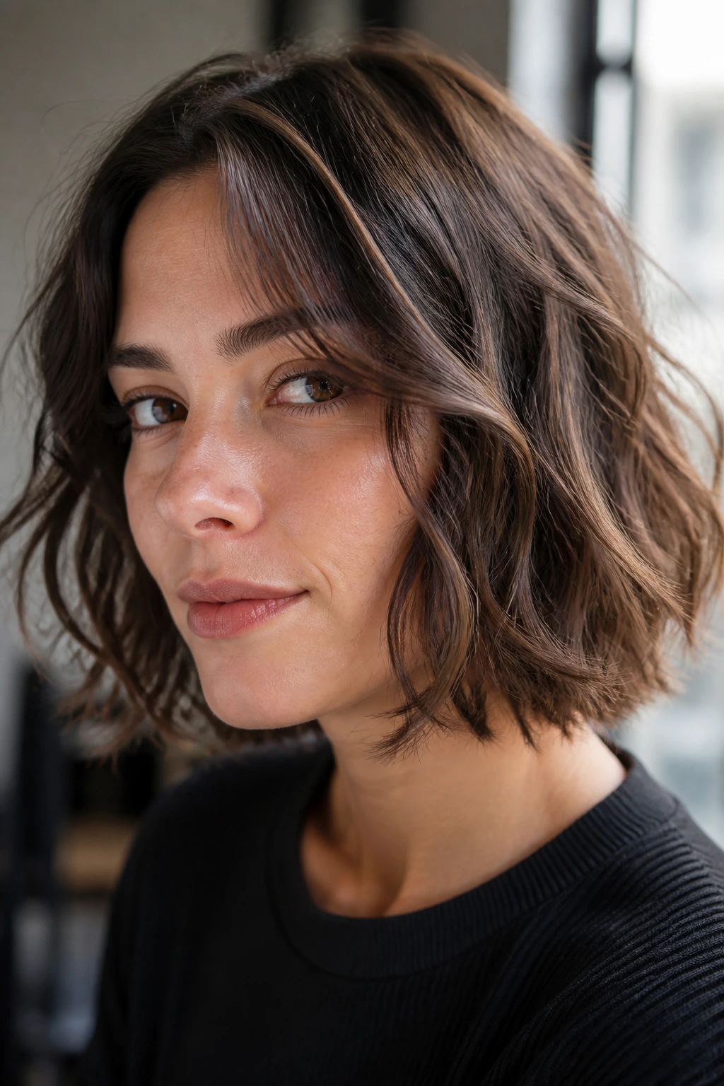Close-up of a woman showing natural hair texture and waves