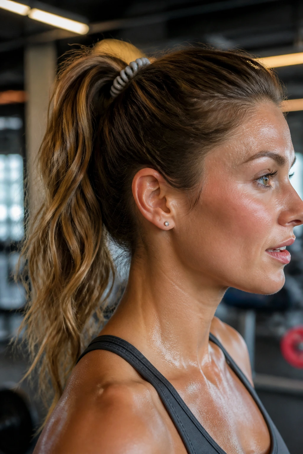 Close-up of a real athlete with a silicone spiral hair band securing a ponytail during HIIT