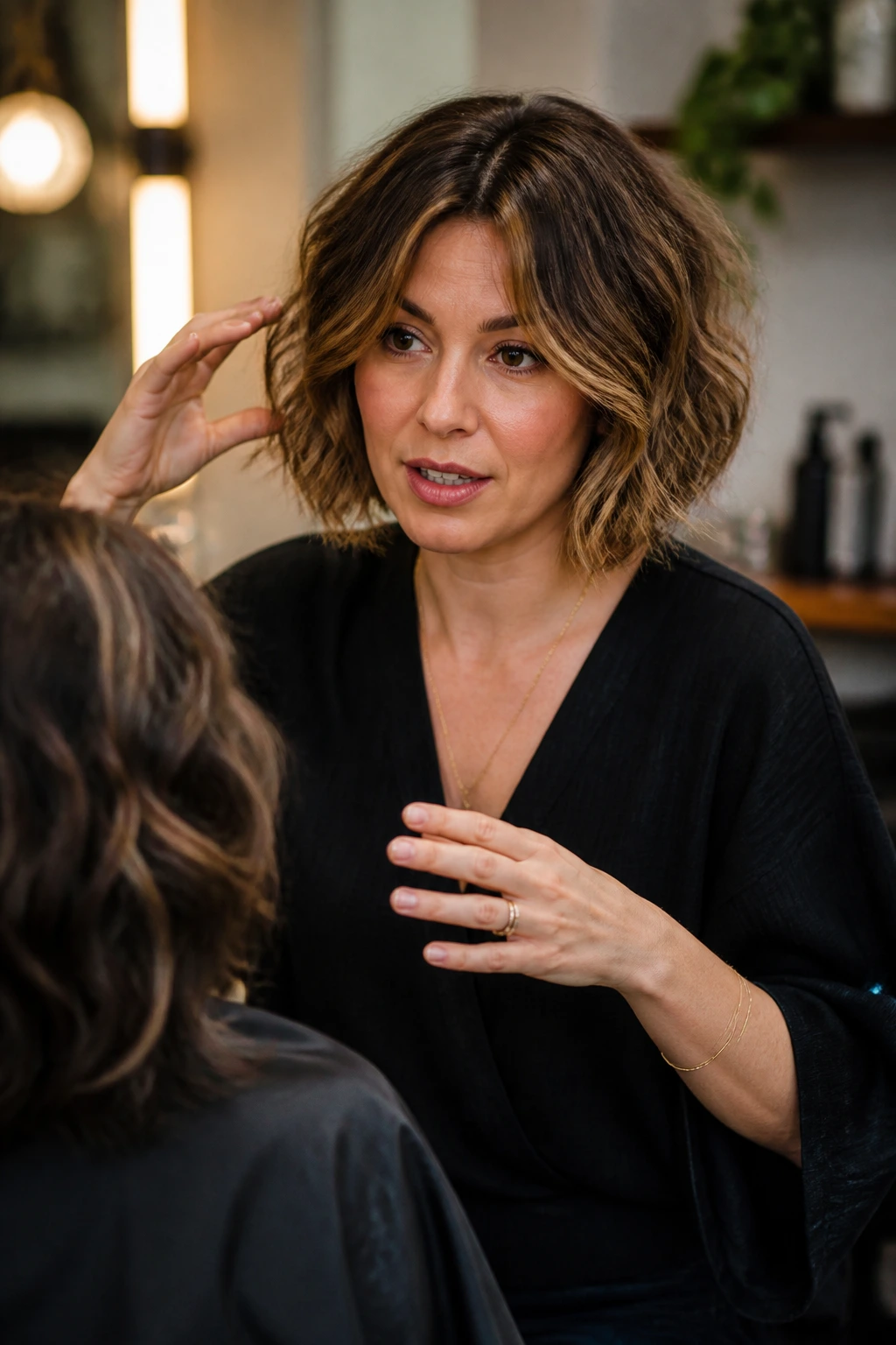 Hairstylist in salon illustrating tips about wavy inverted bob.