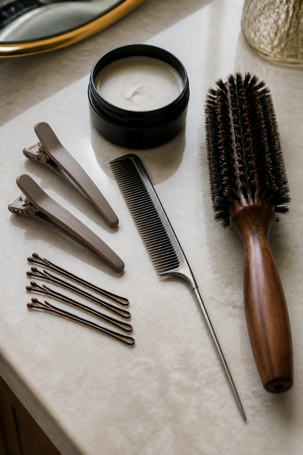 Close-up of hair tools arranged on a bathroom counter