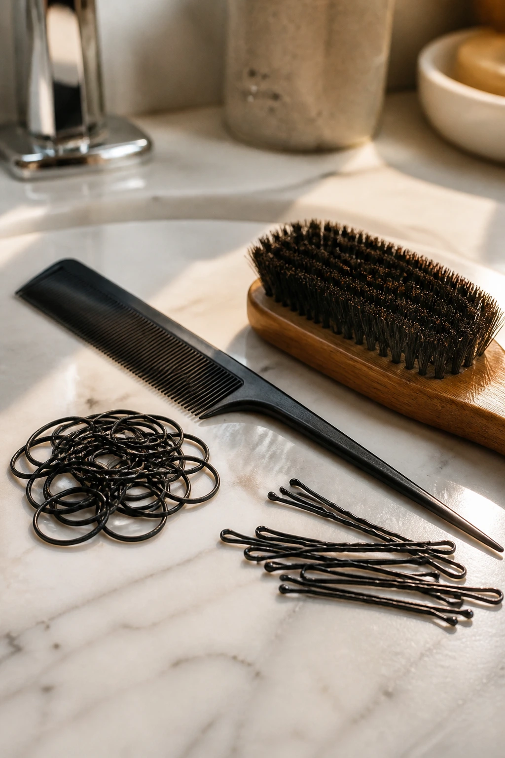 Close-up of essential front hair styling tools arranged on a bathroom counter