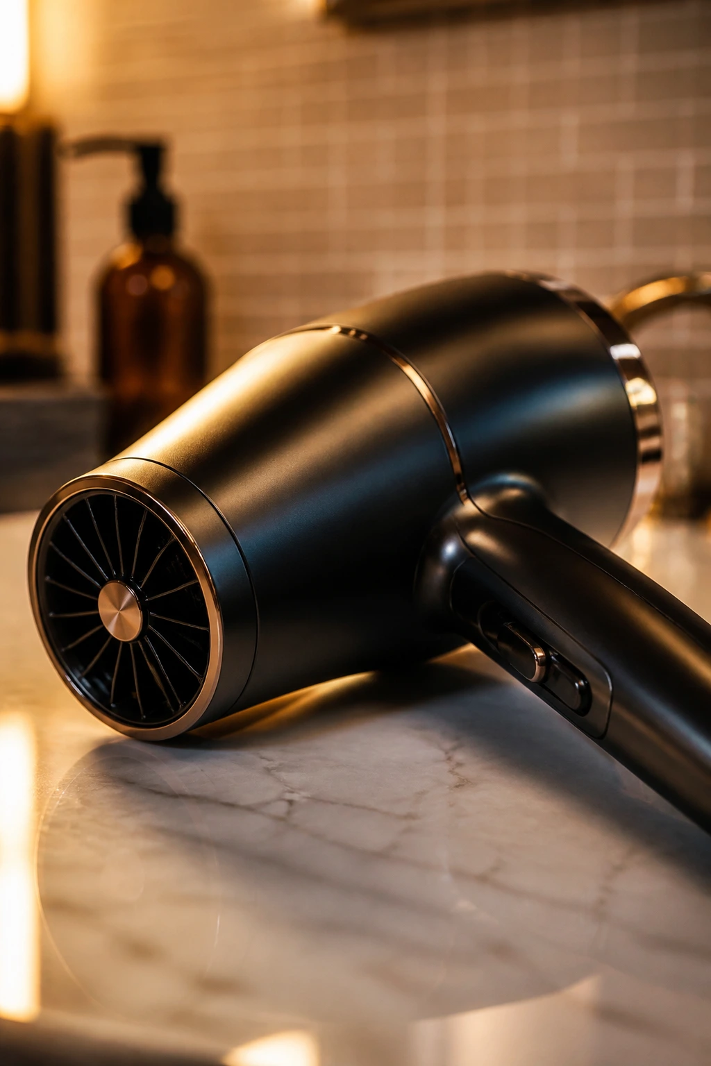 Close-up of a high-quality ionic blow-dryer dominating the frame in a bathroom
