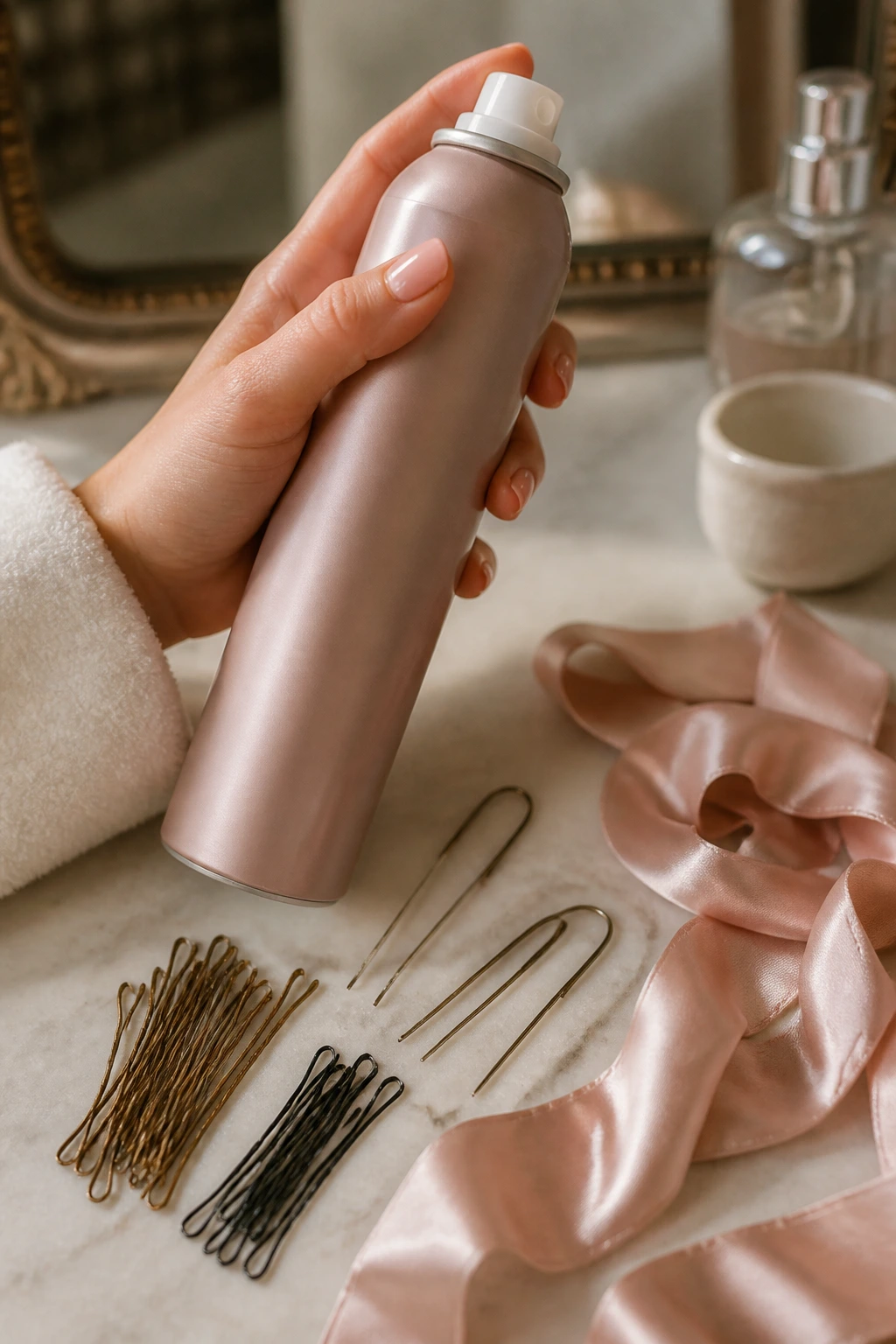Close-up of hair styling tools including spray, pins, and ribbon