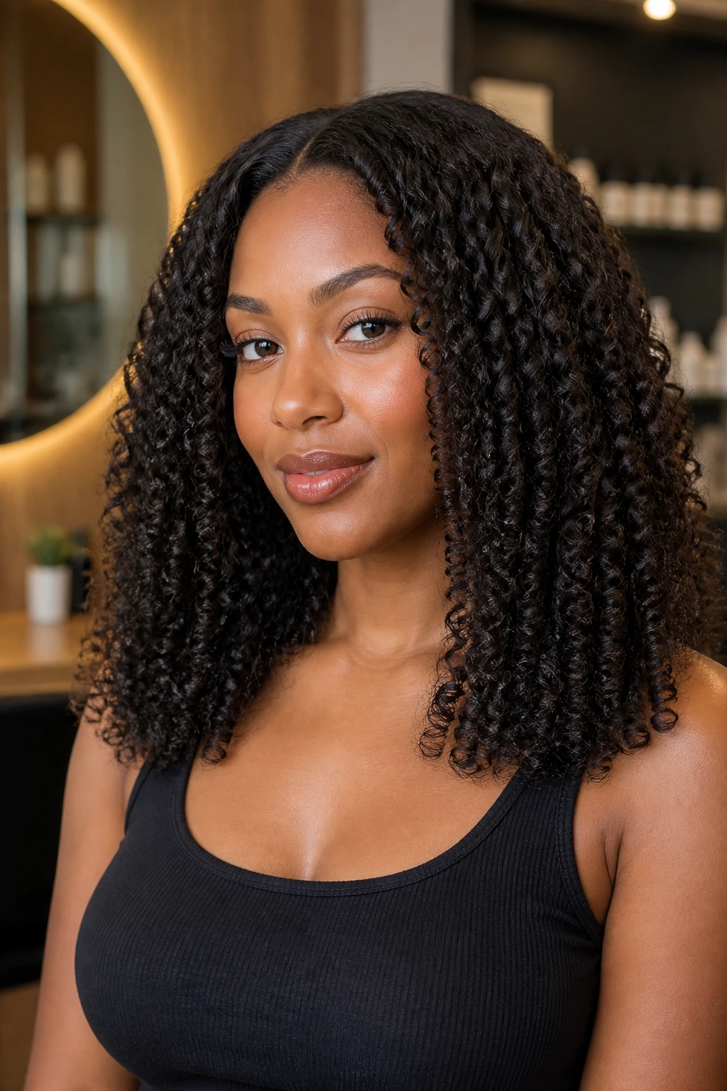 Real woman with blunt ends curly trim.