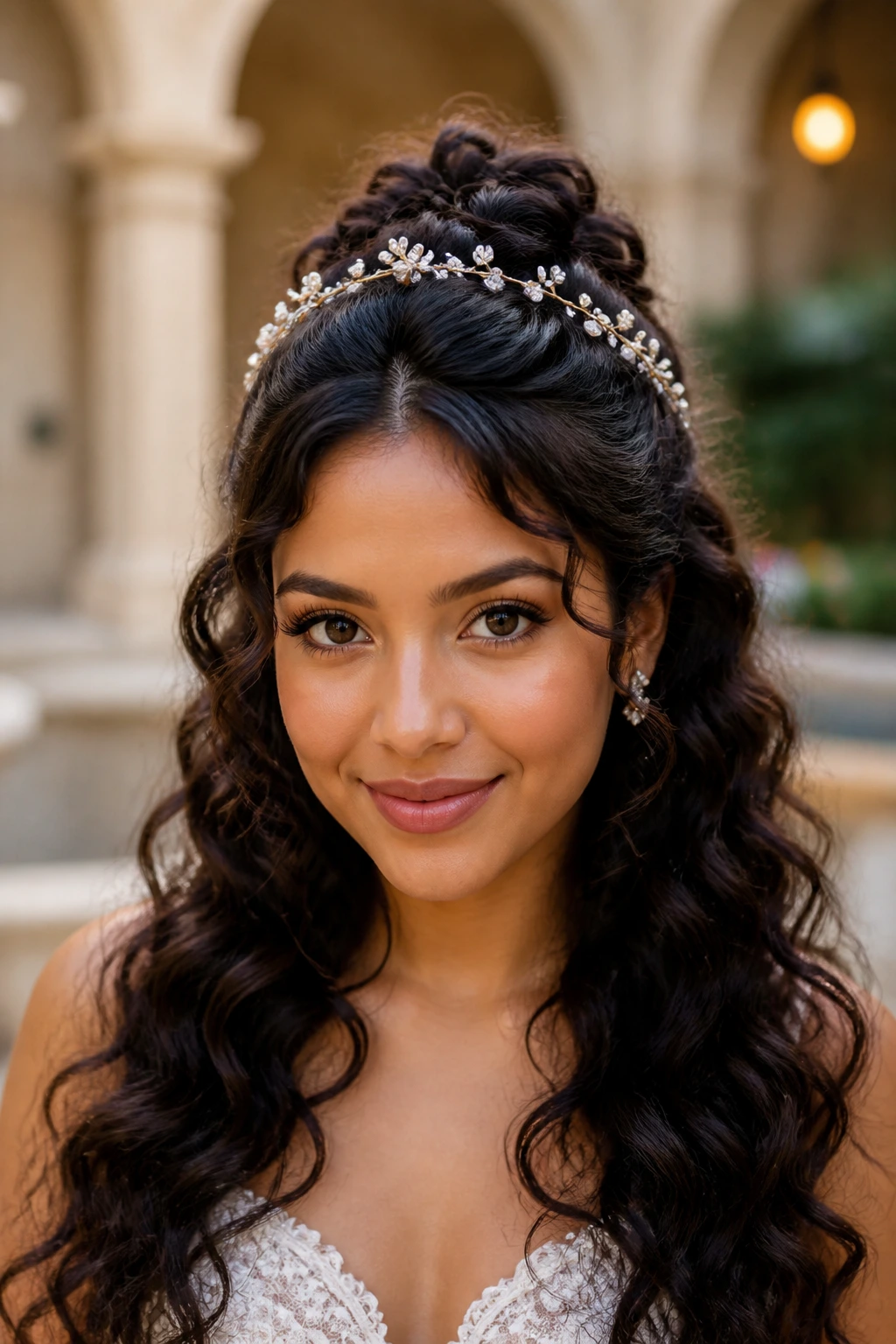 Close-up of a real woman with a hair vine in a half-up hairstyle at a wedding venue