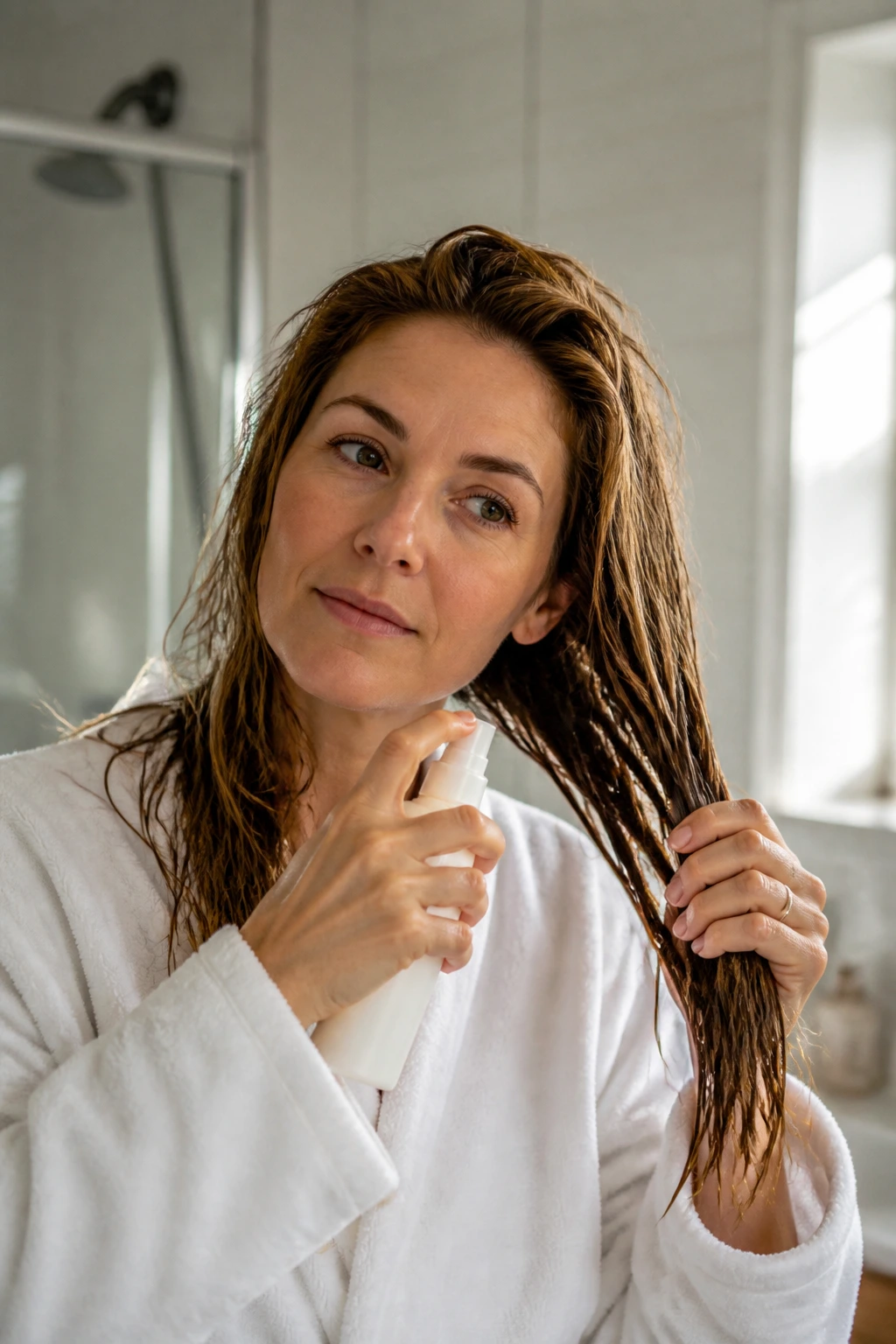 Close-up of a mom applying leave-in conditioner to damp hair in a bright bathroom