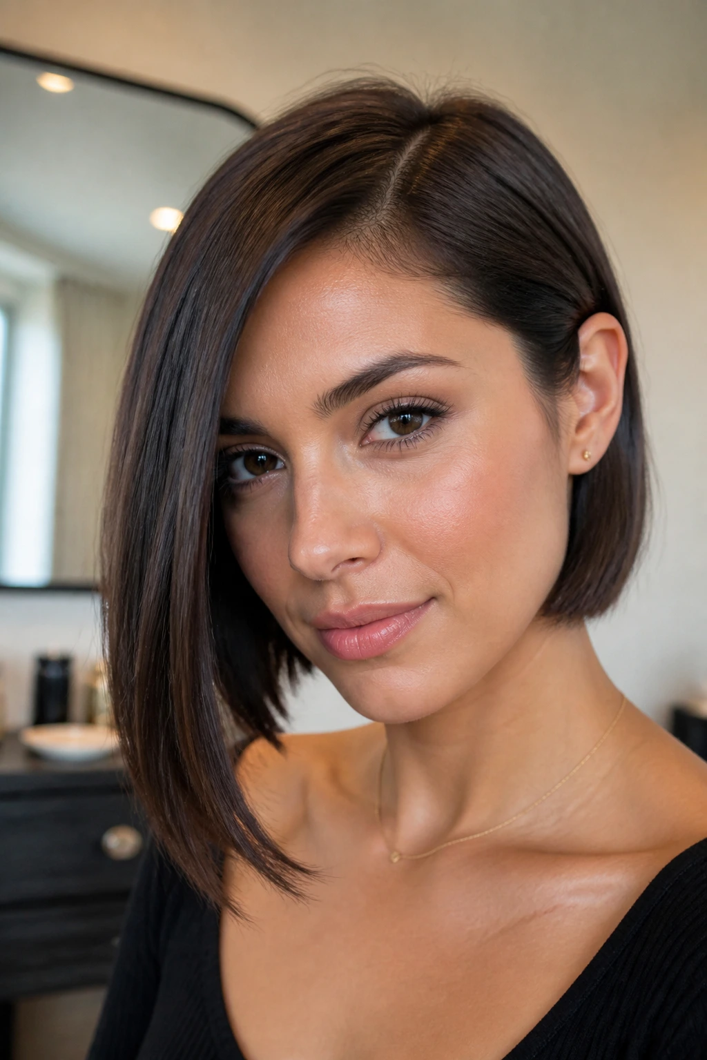 Portrait of a real woman with an asymmetrical sleek bob and dramatic side part