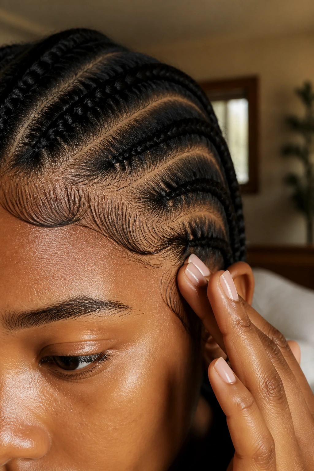 Hairline with delicate baby hairs and gentle edge care.