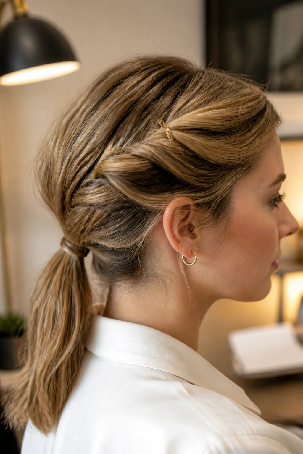 Close-up of a real person wearing a hairpin twist hairstyle at the nape