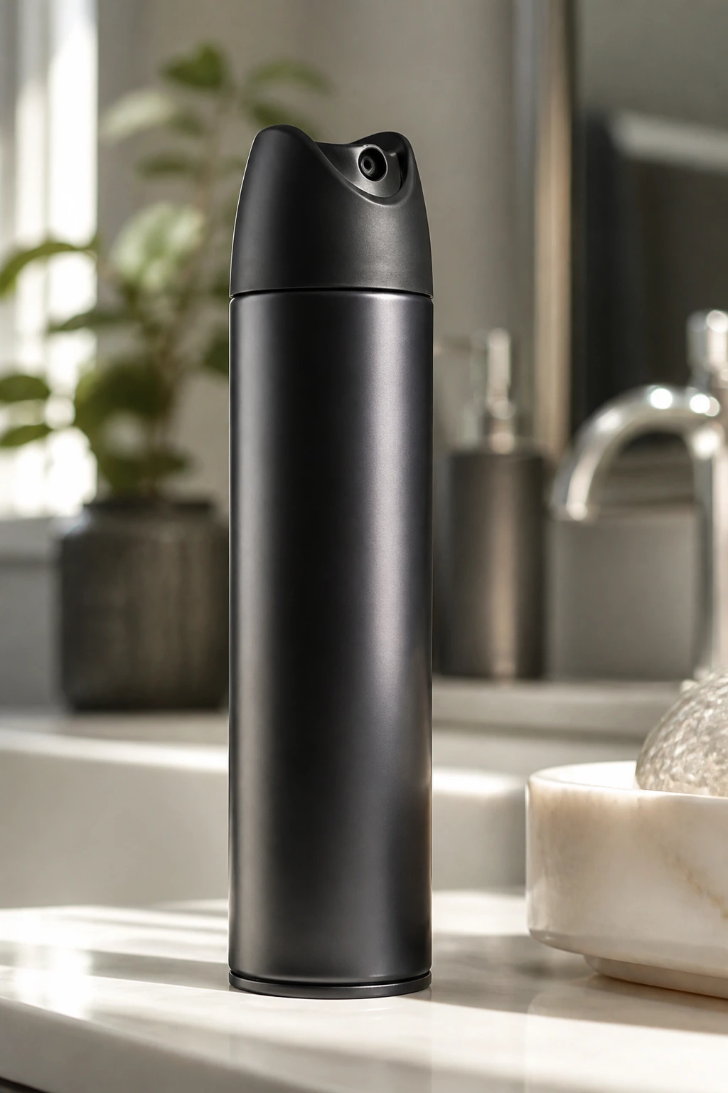 Close-up of flexible-hold hairspray can on bathroom counter