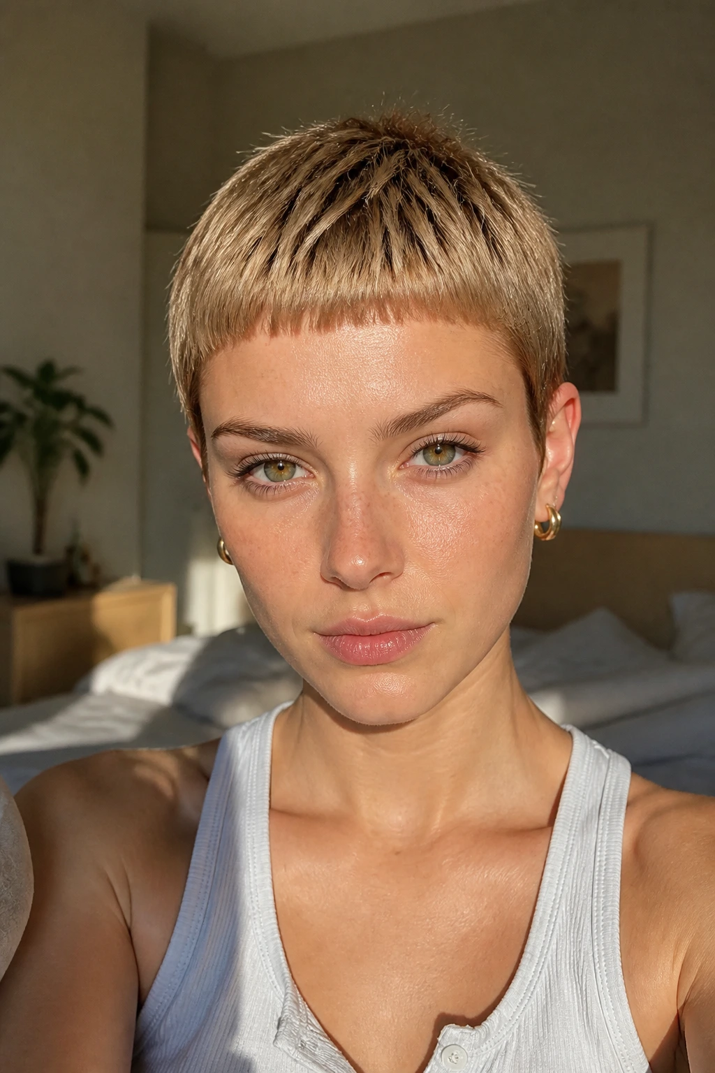 Close-up portrait of a real woman with ultra-short crop and micro bangs in warm window light