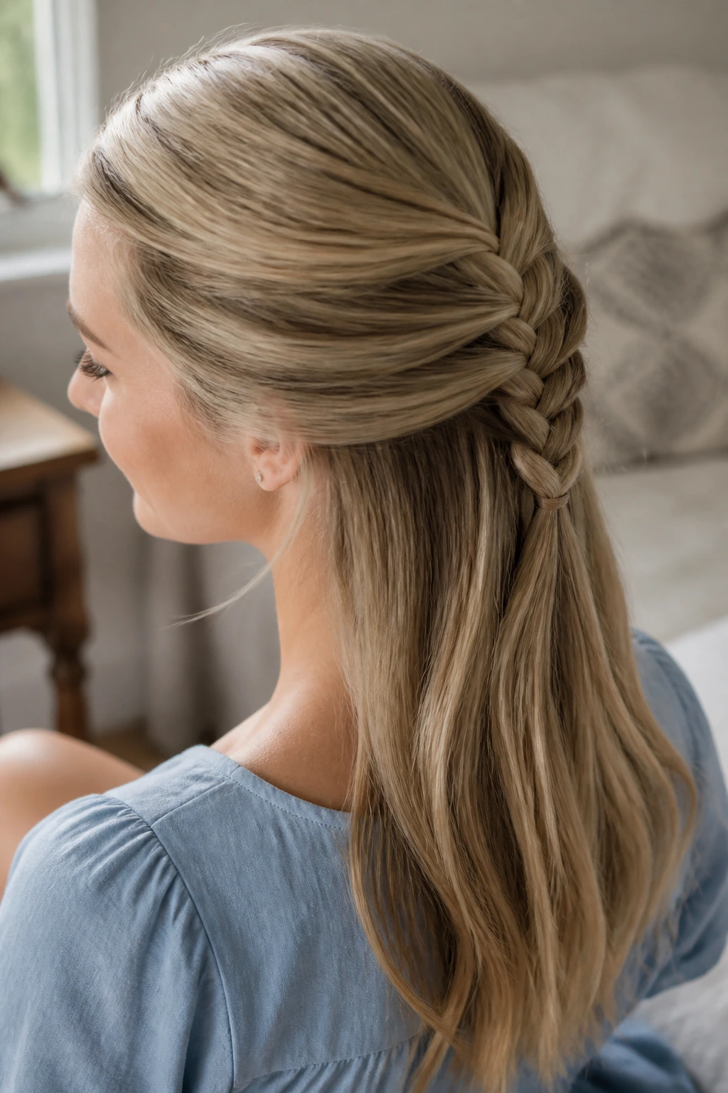 Medium-close portrait showing half-back banana braid on real person