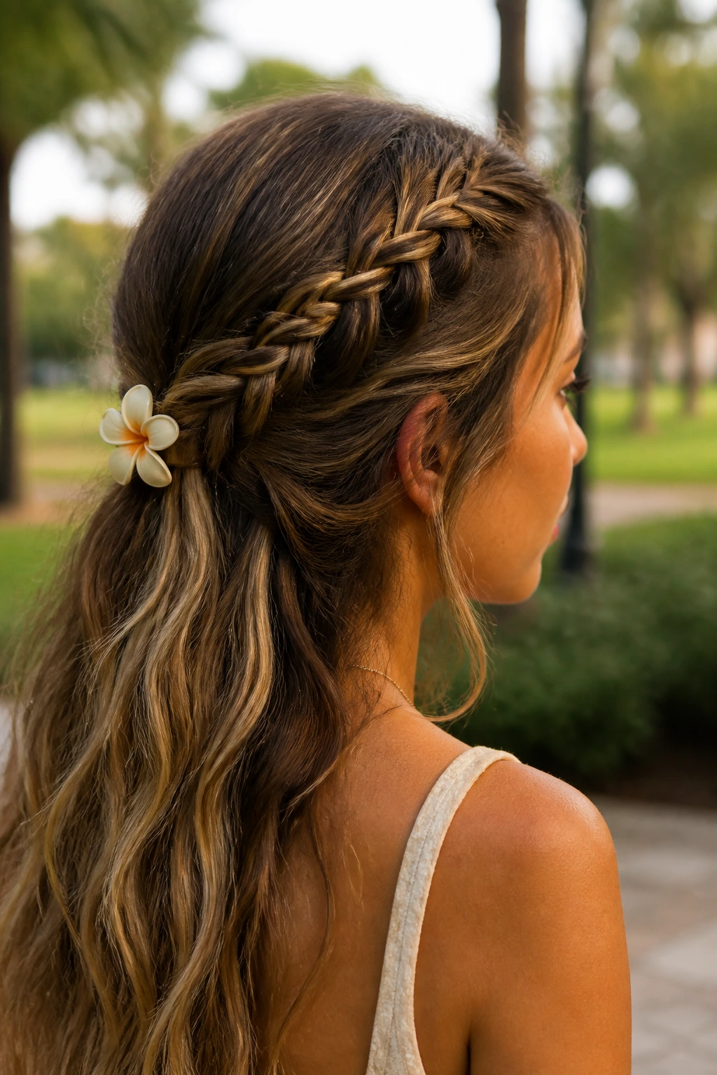 Close-up of a real woman with half-back bohemian braids and face-framing tendrils