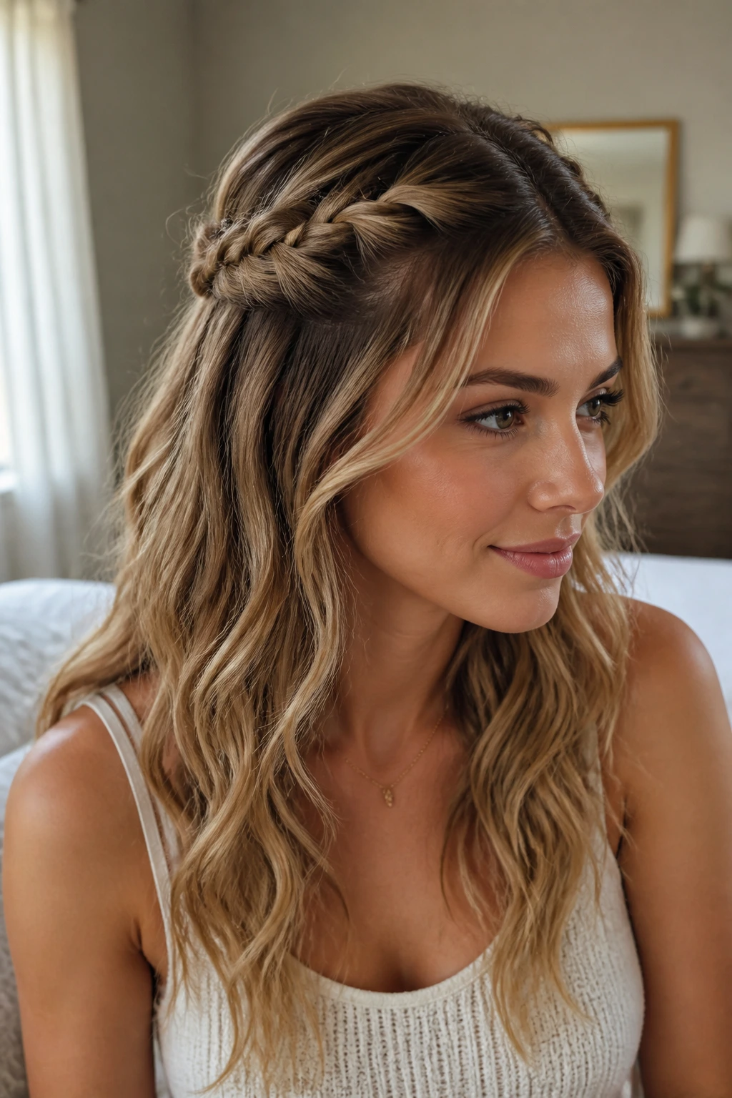 Close-up portrait showing temple braids twisted back with loose waves