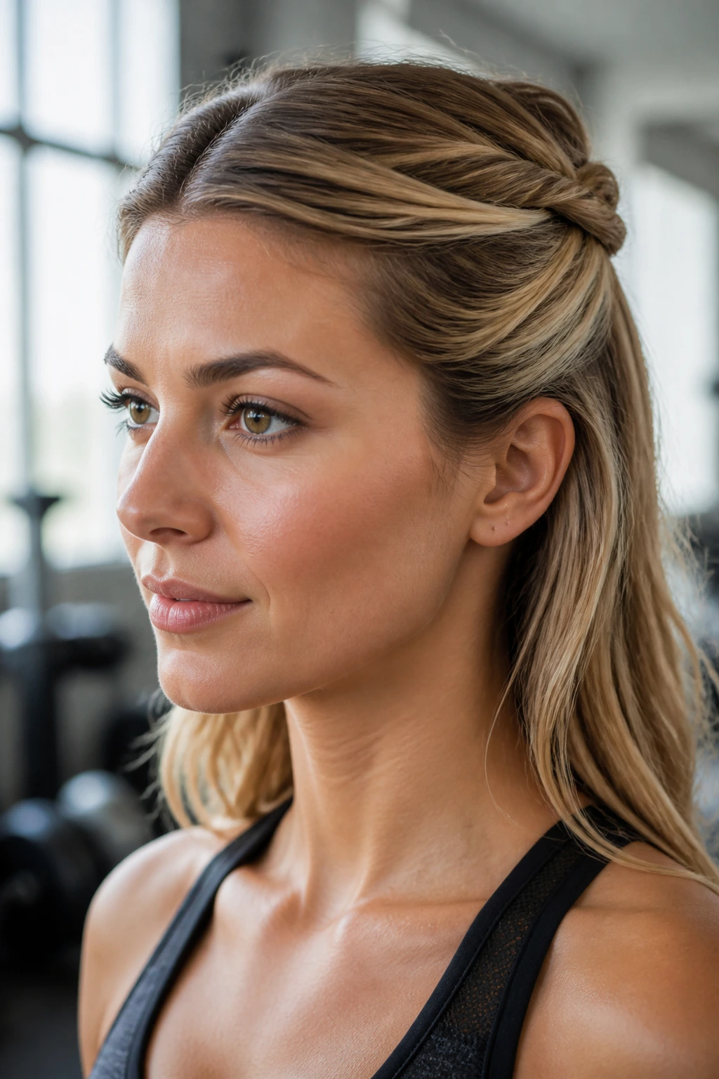 Close-up of a woman with a half-back twist keeping hair from face during workout