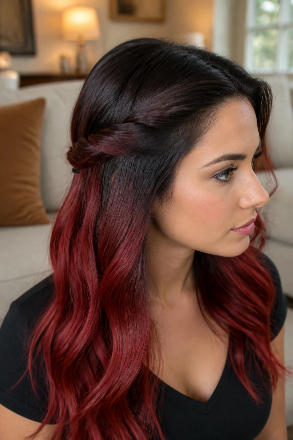 Real woman with half-back twisted knot showing color melt in a softly lit room