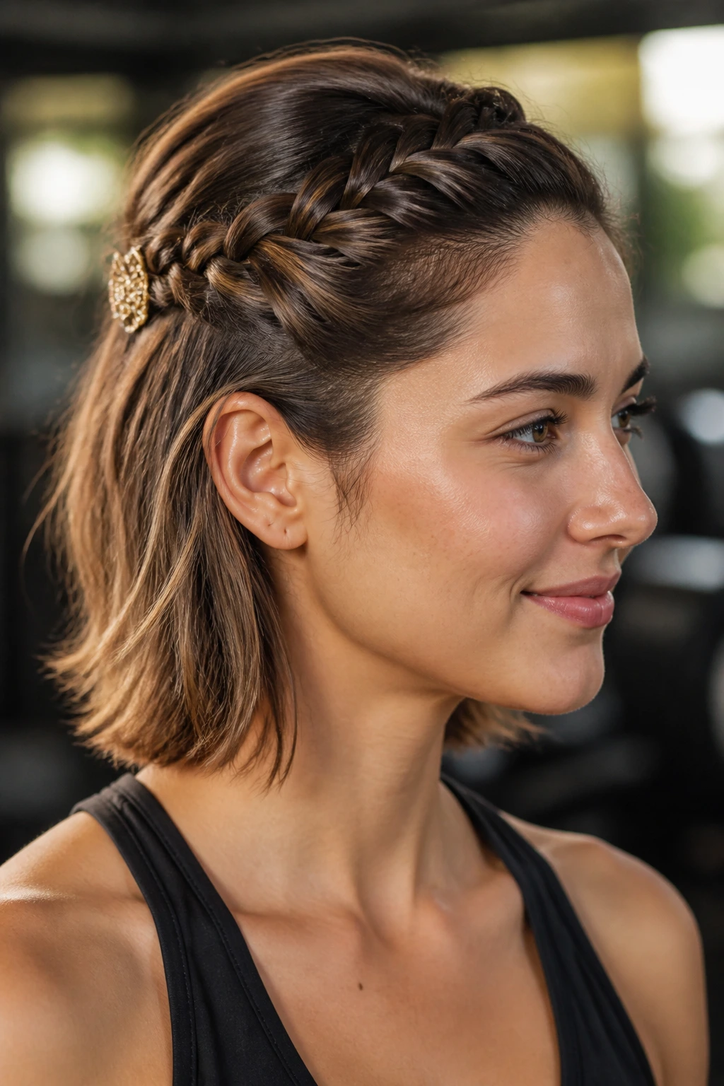 Close-up of a real woman with a half-braid for short hair secured behind the ear