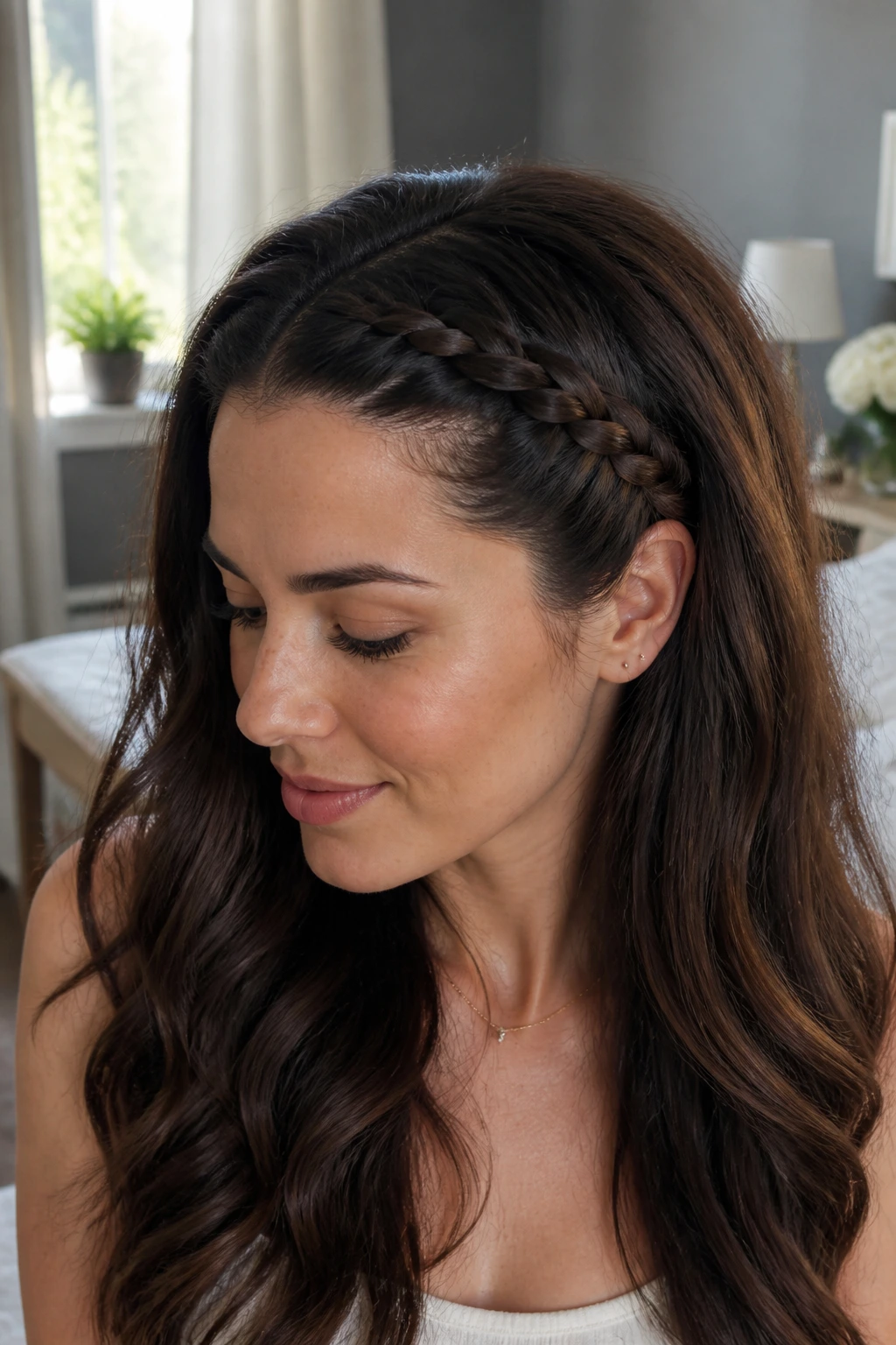 Close-up of a woman with a half-braided headband in thick hair