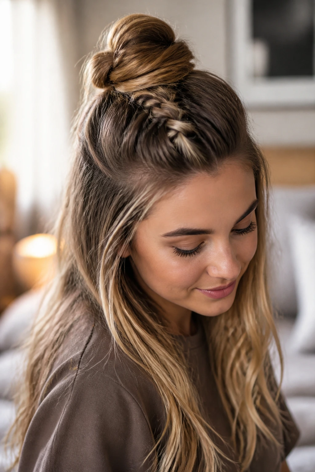 Close-up of a real person with a half-braided top bun hairstyle.