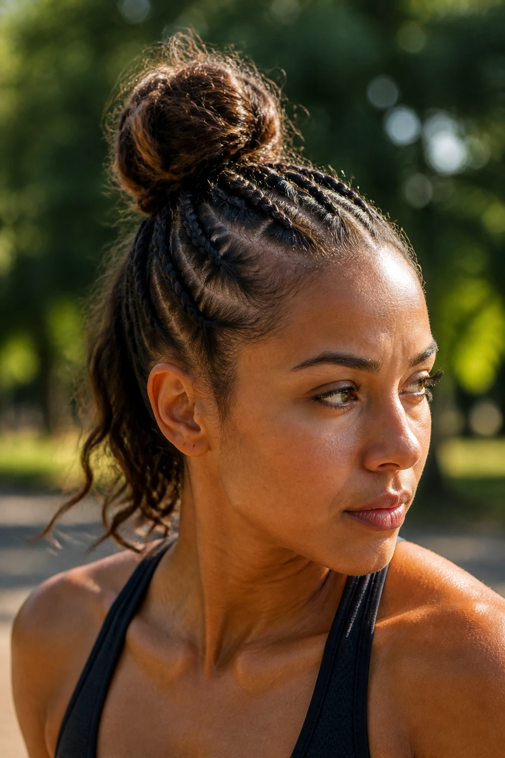 Close-up of a real woman with half-braided cornrows forming a top knot.