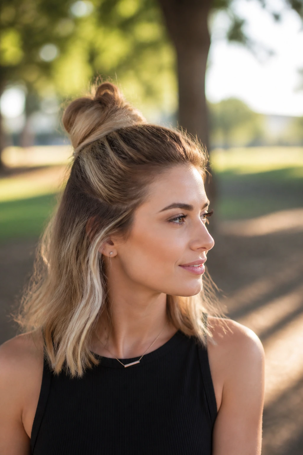 Portrait of a real woman with a voluminous half-bun on top