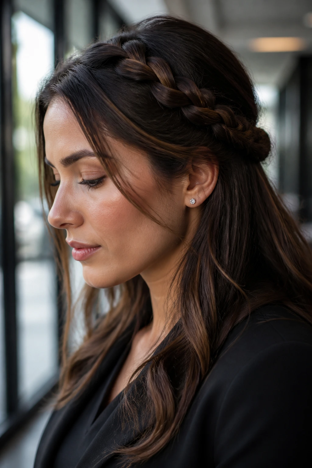 Real woman with a half-crown braid in an office setting