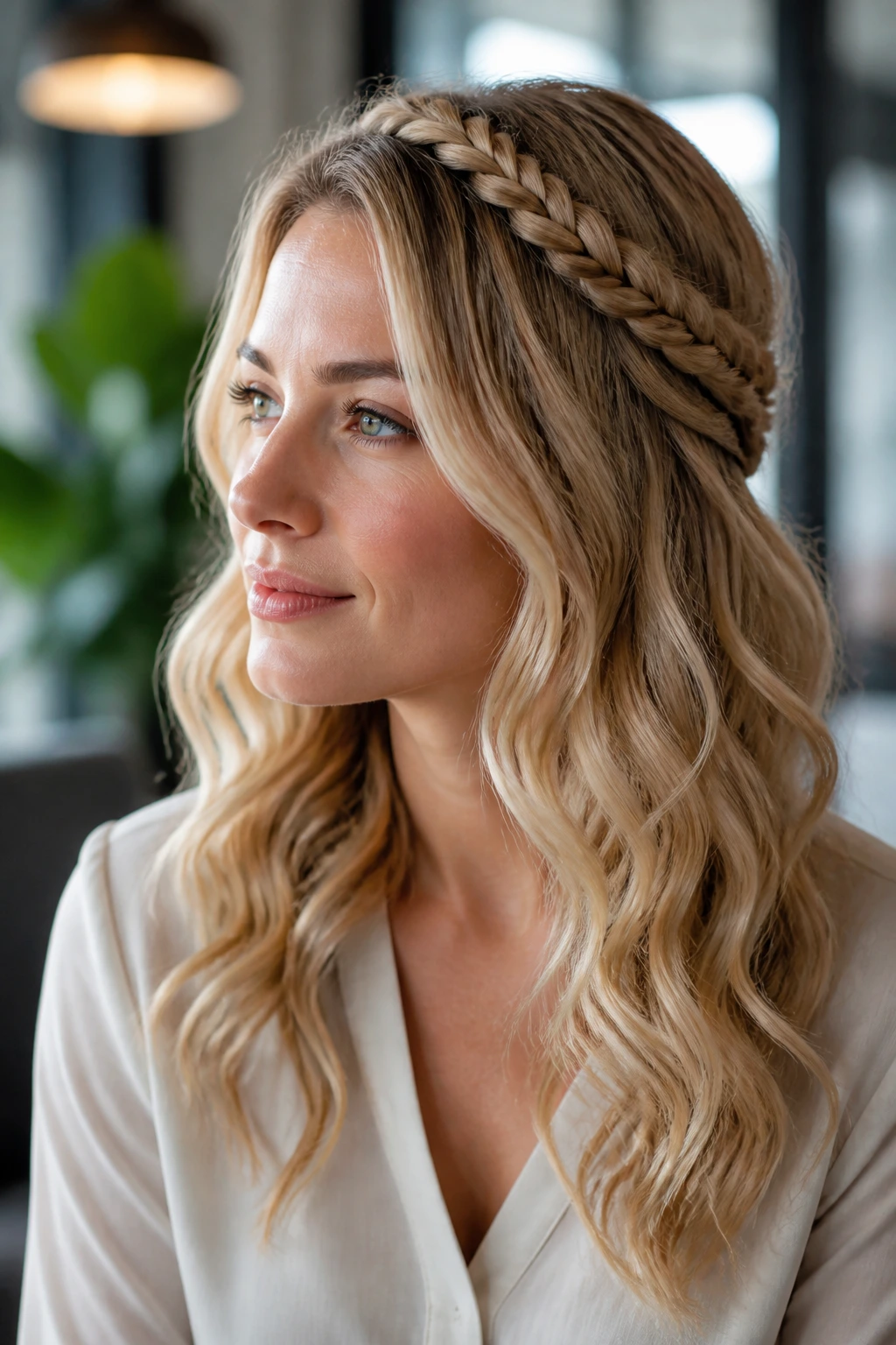 Close-up of a woman with a half-crown braid and loose waves in warm window light