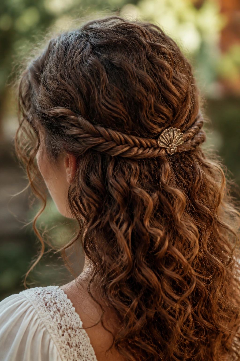 Close-up of back crown fishtail with a decorative comb in a real person outdoors