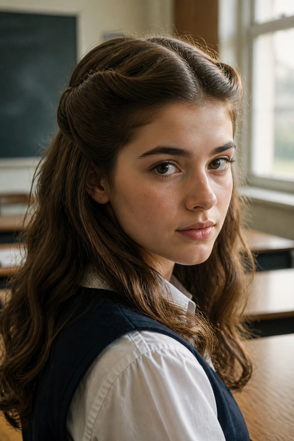 Close-up of a student showing the half-crown tuck hairstyle with two front twists tucked at the back, in a classroom.