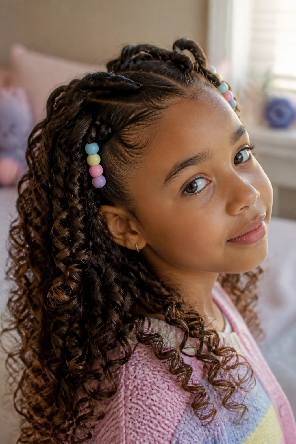 Close-up of a real person wearing a half-crown twist with pastel beads at the ends, natural window light