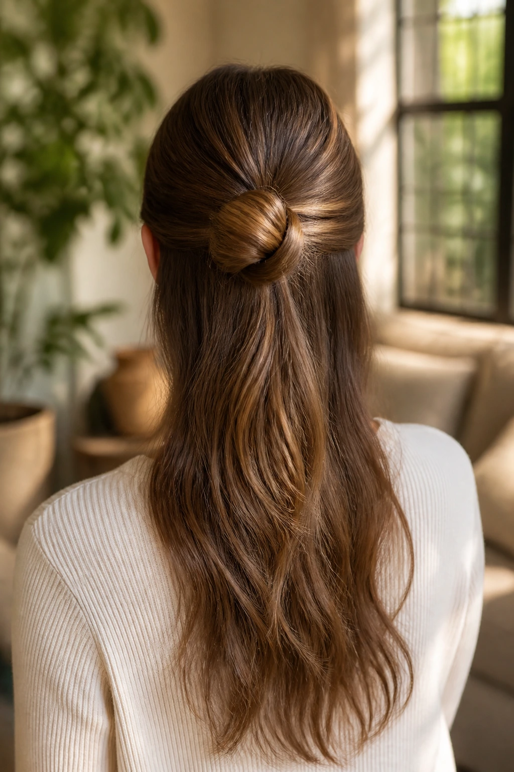 Back view of a woman with a half-down knot hairstyle