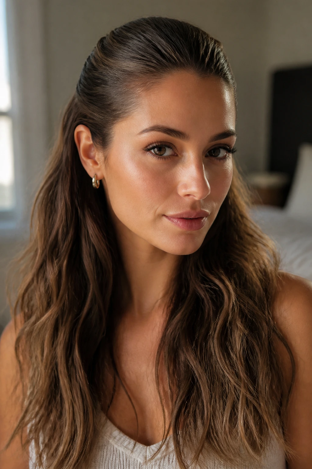 Close-up of a real woman with a half-down sleek-top hairstyle