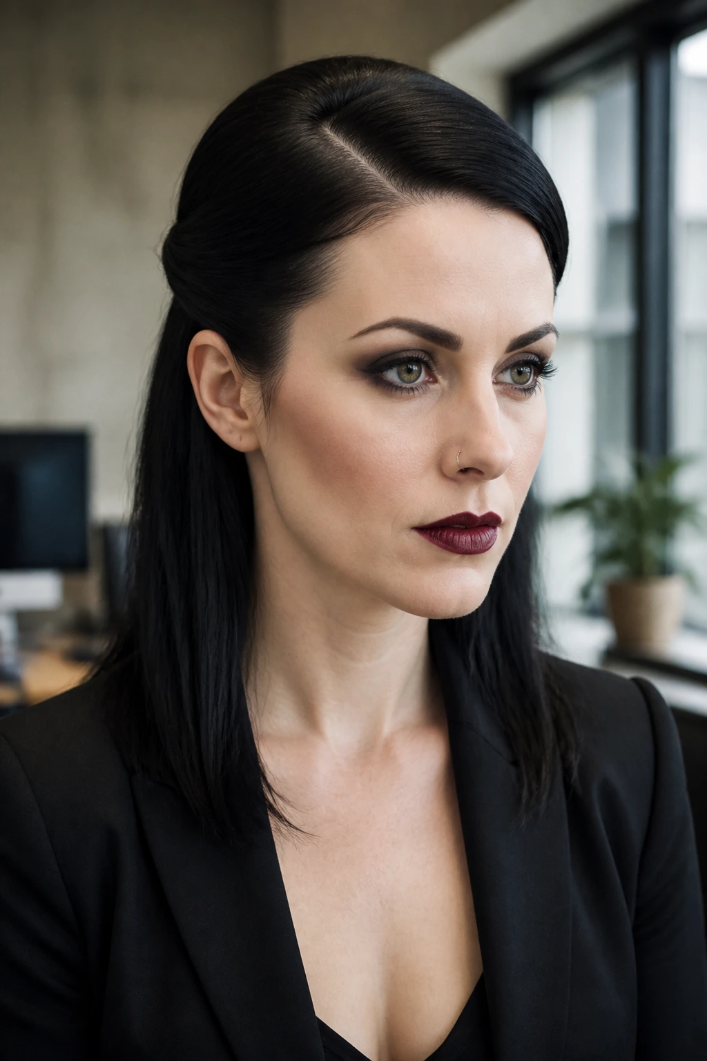 Close-up of a woman with a deep side part and sleek hair tucked behind the ears in an office.