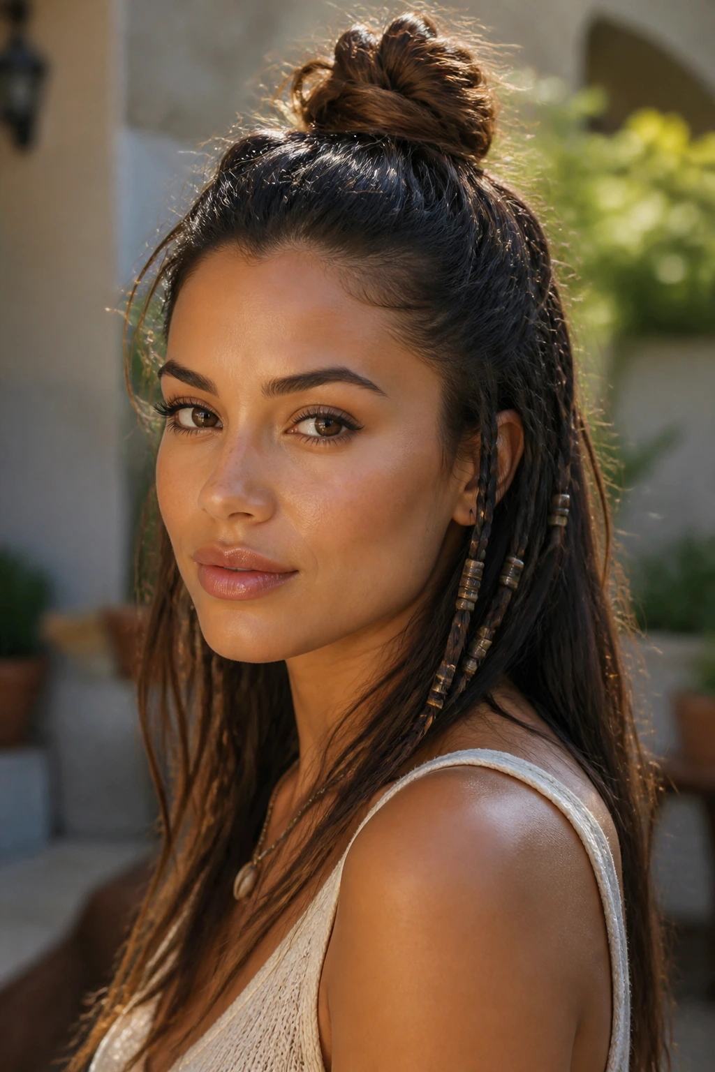 Close-up of a real person with half-down top knot beads in golden hour light